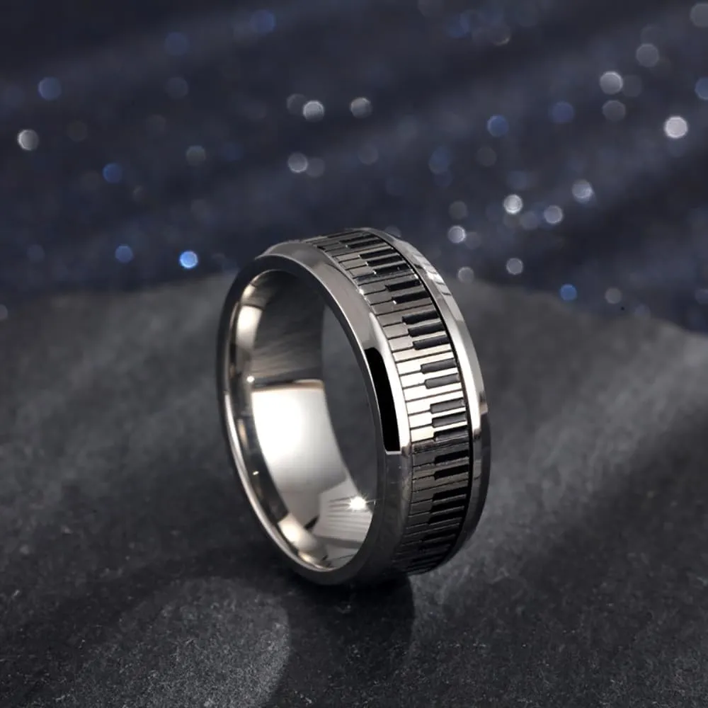 Piano Keys Anxiety Ring for Women Men Stainless Steel Relief Fidget Ring Spinner Ring Statement Rings Finger Band Christmas Jewelry Gifts