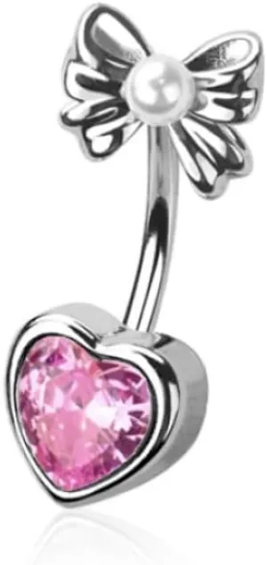 Pierced Owl 14GA 316L Stainless Steel Crystal Heart with Bow and Faux Pearl Top Belly Button Ring