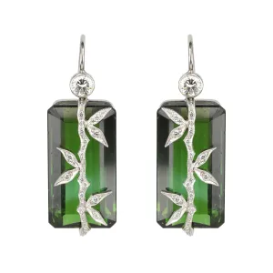 Platinum and Green Tourmaline Earrings with Diamond Bamboo Overlay