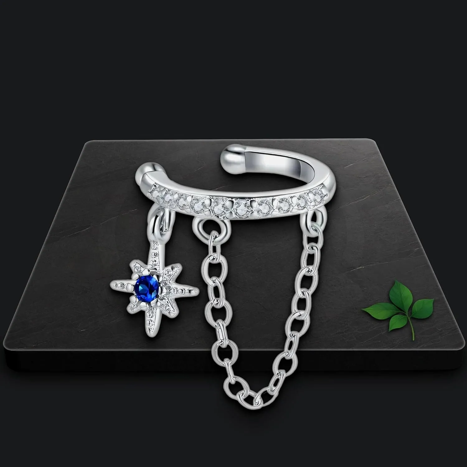 Platinum Plated Ear Cuff with Chain and Zirconia, Dainty Cuff, Wrap Around Jacket, Helix Hoop, Cartilage Clip, Non Pierced Jewelry