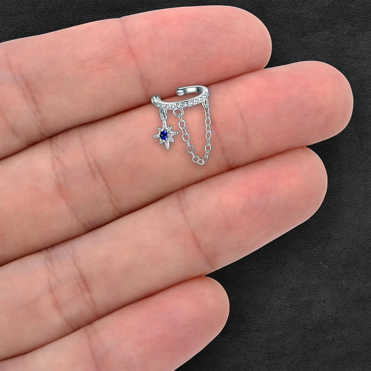 Platinum Plated Ear Cuff with Chain and Zirconia, Dainty Cuff, Wrap Around Jacket, Helix Hoop, Cartilage Clip, Non Pierced Jewelry