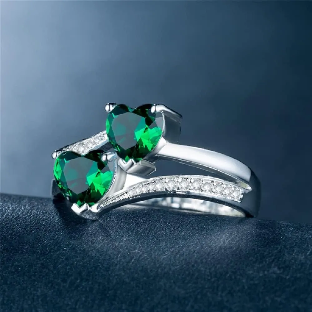 Platinum Plated Green Simulated Emerald with 2 Love Heart Halo Rings Engagement Wedding Bands Promise Anniversary Rings for Women (US Size 9)