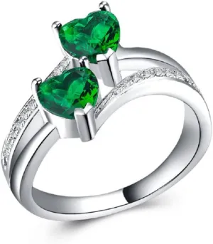 Platinum Plated Green Simulated Emerald with 2 Love Heart Halo Rings Engagement Wedding Bands Promise Anniversary Rings for Women (US Size 9)