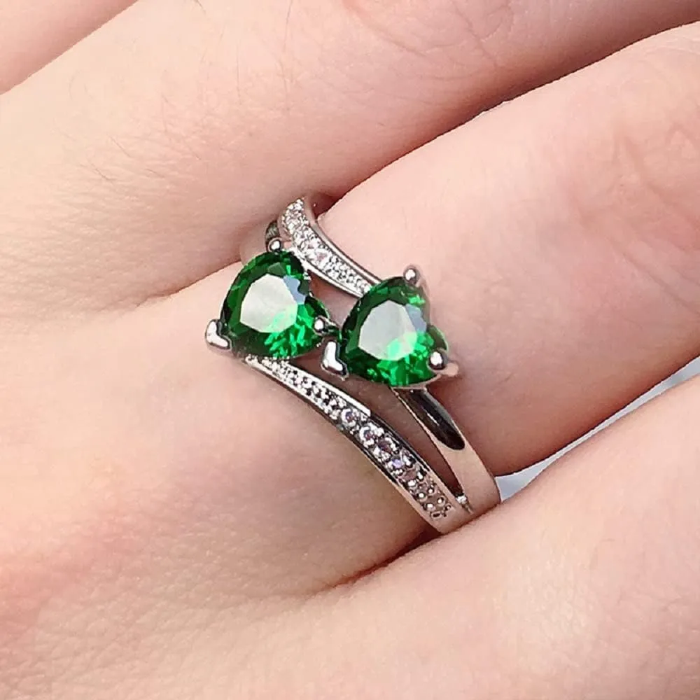 Platinum Plated Green Simulated Emerald with 2 Love Heart Halo Rings Engagement Wedding Bands Promise Anniversary Rings for Women (US Size 9)