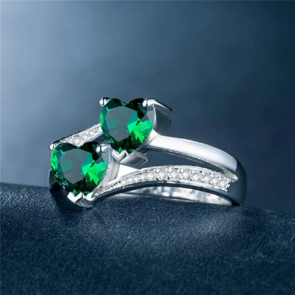 Platinum Plated Green Simulated Emerald with 2 Love Heart Halo Rings Engagement Wedding Bands Promise Anniversary Rings for Women (US Size 9)