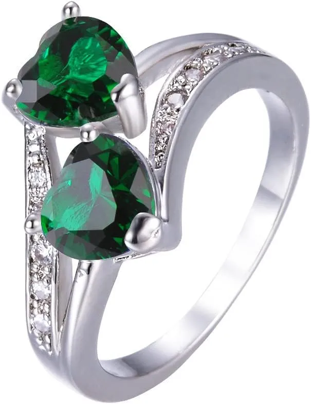Platinum Plated Green Simulated Emerald with 2 Love Heart Halo Rings Engagement Wedding Bands Promise Anniversary Rings for Women (US Size 9)