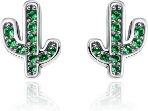 Presentski Green Cactus Stud Earrings 925 Sterling Silver Symmetry Cute Plant Elements Sparkling Zircon CZ Oxidized Silver Gift for Women