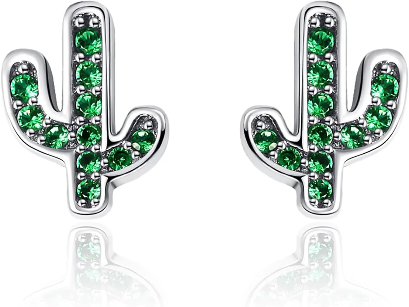 Presentski Green Cactus Stud Earrings 925 Sterling Silver Symmetry Cute Plant Elements Sparkling Zircon CZ Oxidized Silver Gift for Women