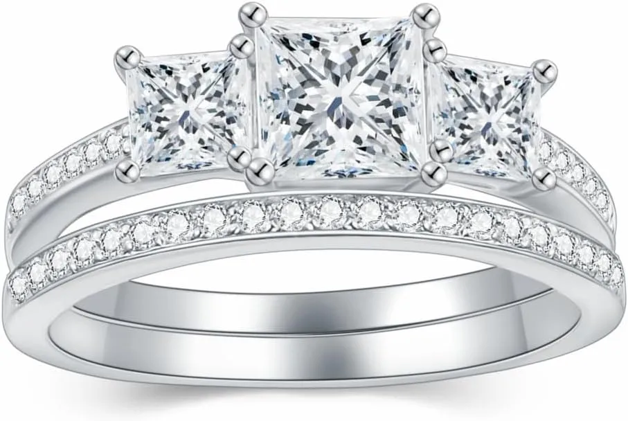 Princess Cut Wedding Ring Set for Women Platinum Plated Silver 3 Stone Moissanite Bridal Ring Set Engagement Ring Set White Gold Anniversary Promise Rings for Her