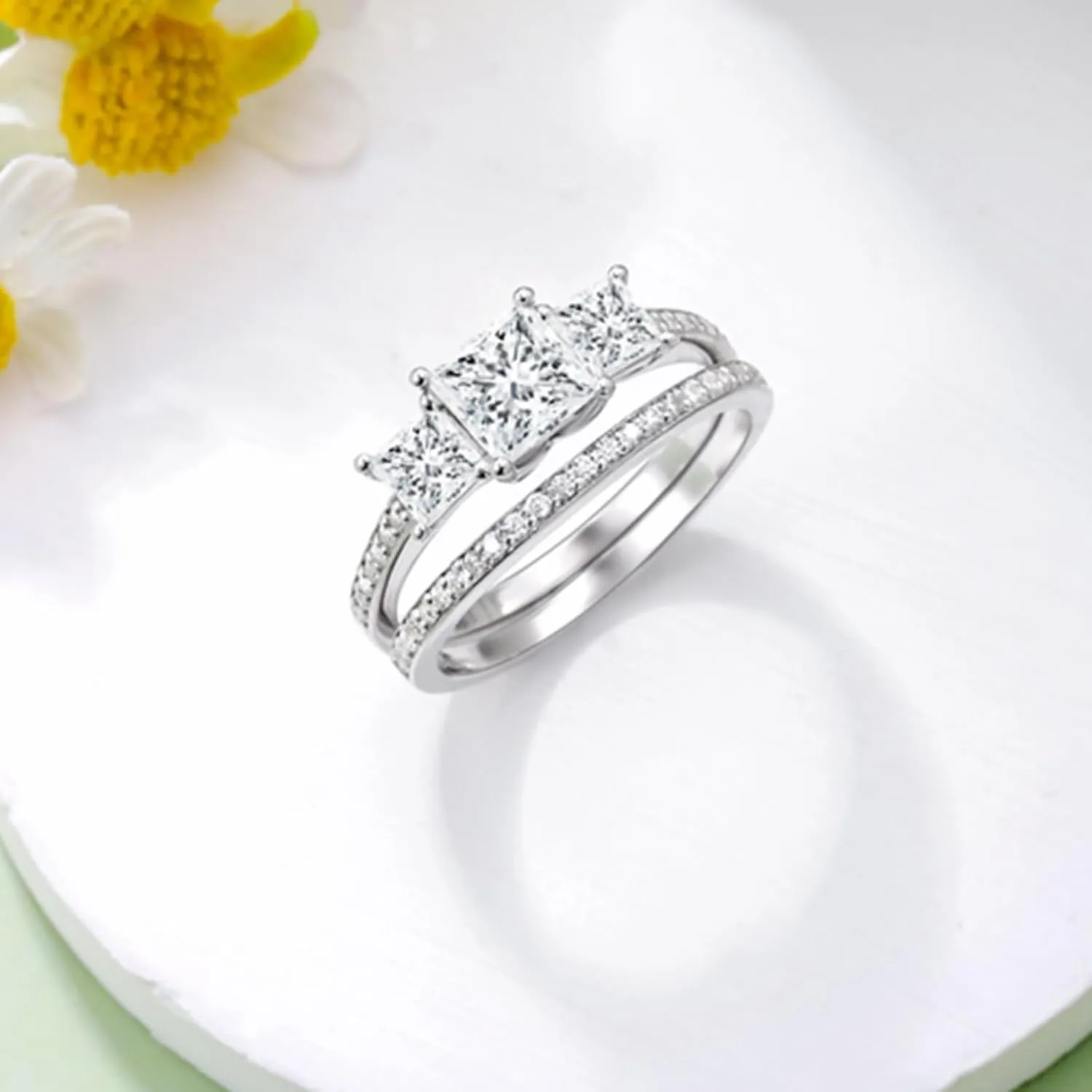 Princess Cut Wedding Ring Set for Women Platinum Plated Silver 3 Stone Moissanite Bridal Ring Set Engagement Ring Set White Gold Anniversary Promise Rings for Her