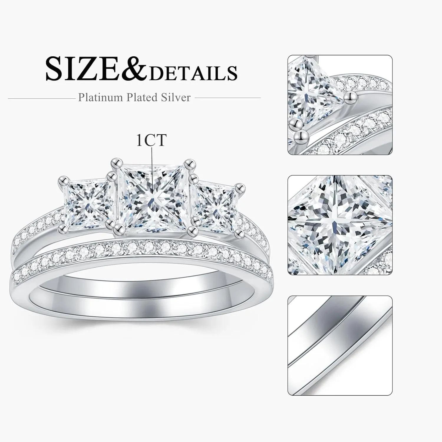 Princess Cut Wedding Ring Set for Women Platinum Plated Silver 3 Stone Moissanite Bridal Ring Set Engagement Ring Set White Gold Anniversary Promise Rings for Her