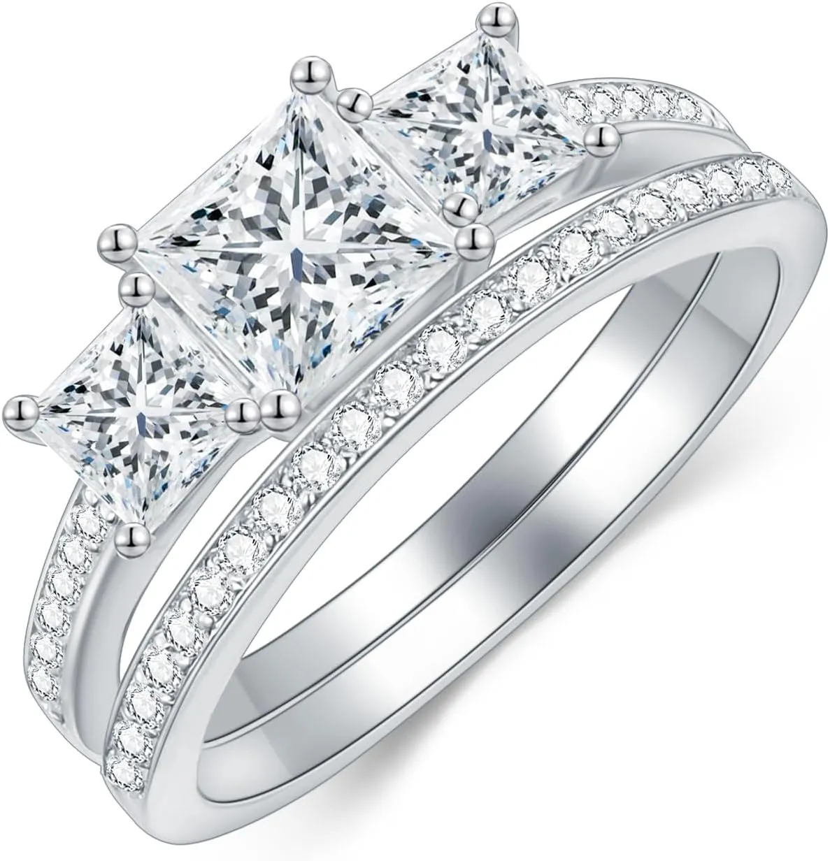 Princess Cut Wedding Ring Set for Women Platinum Plated Silver 3 Stone Moissanite Bridal Ring Set Engagement Ring Set White Gold Anniversary Promise Rings for Her