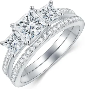 Princess Cut Wedding Ring Set for Women Platinum Plated Silver 3 Stone Moissanite Bridal Ring Set Engagement Ring Set White Gold Anniversary Promise Rings for Her