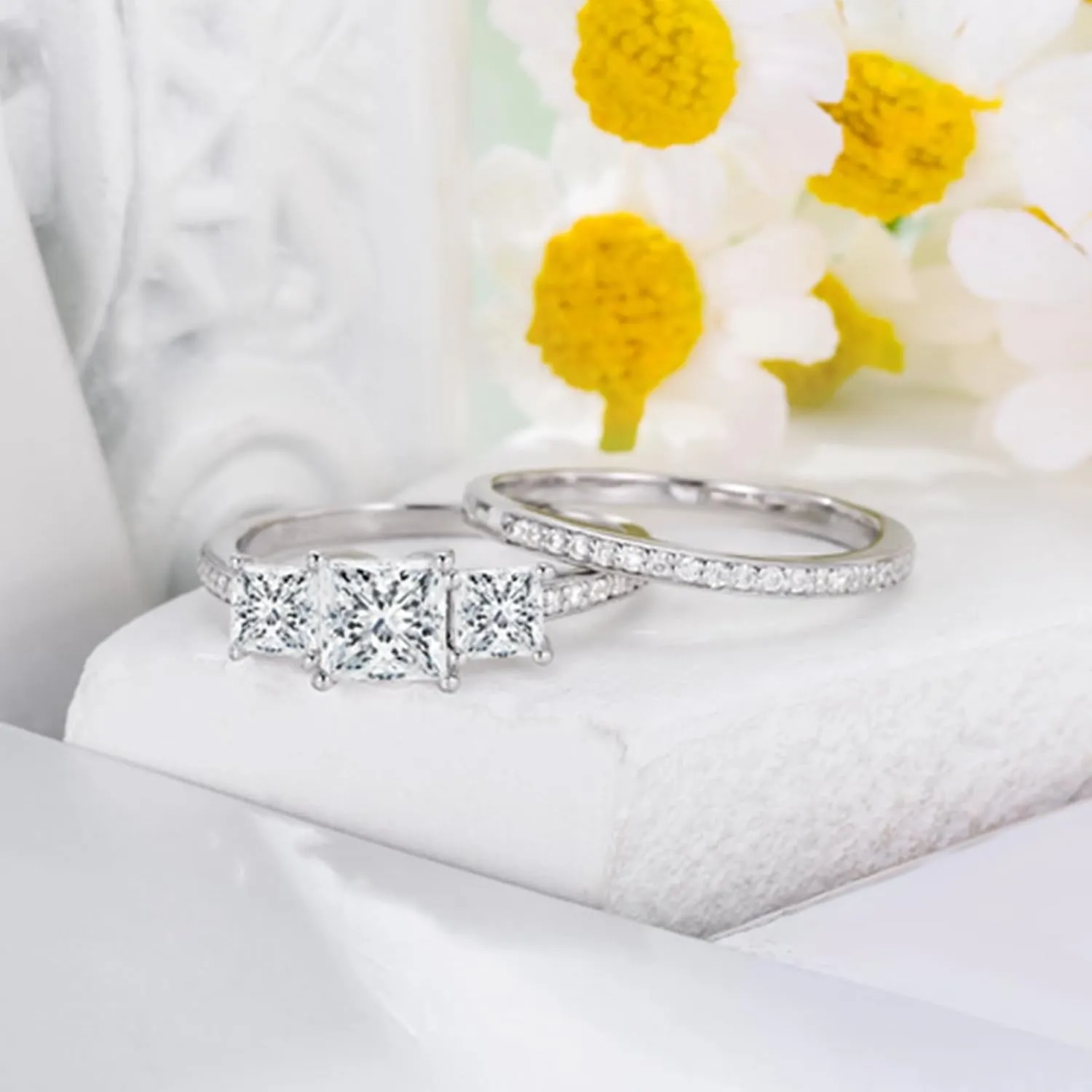 Princess Cut Wedding Ring Set for Women Platinum Plated Silver 3 Stone Moissanite Bridal Ring Set Engagement Ring Set White Gold Anniversary Promise Rings for Her
