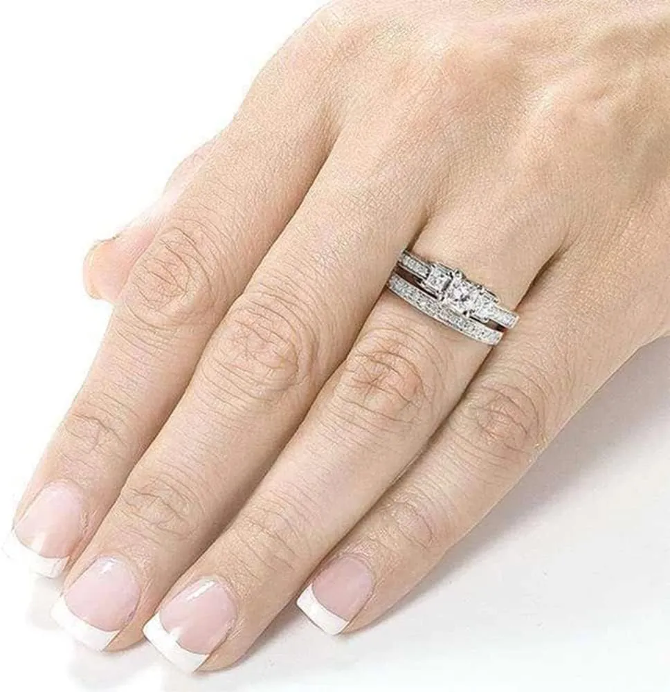 Princess Cut Wedding Ring Set for Women Platinum Plated Silver 3 Stone Moissanite Bridal Ring Set Engagement Ring Set White Gold Anniversary Promise Rings for Her