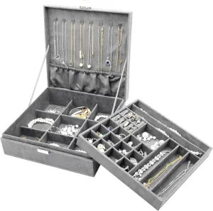 ProCase Velvet Jewelry Box Organizer for Women, 2 Layer Jewelry Display Storage Holder Case for Necklace Earrings Bracelets Rings -Grey