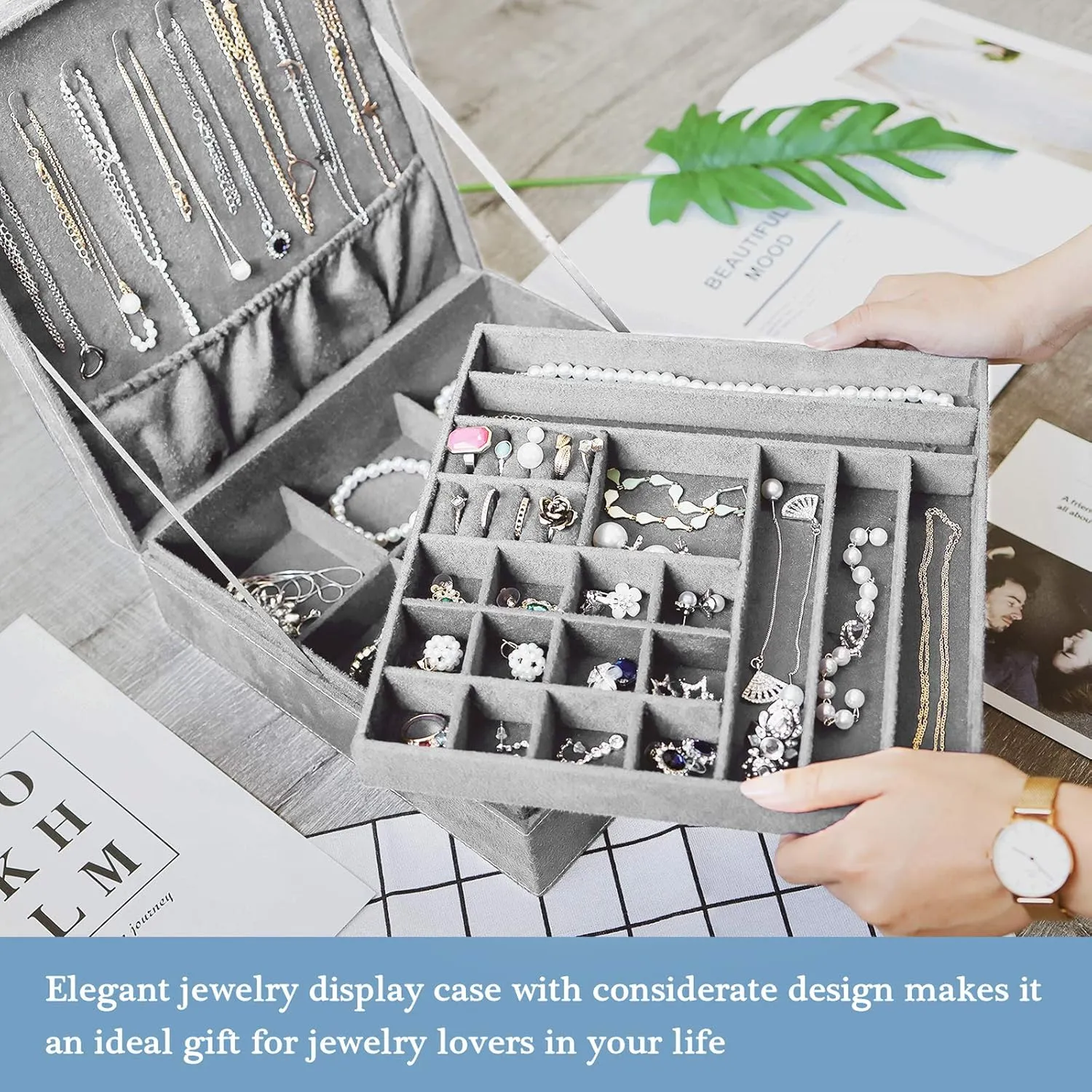 ProCase Velvet Jewelry Box Organizer for Women, 2 Layer Jewelry Display Storage Holder Case for Necklace Earrings Bracelets Rings -Grey