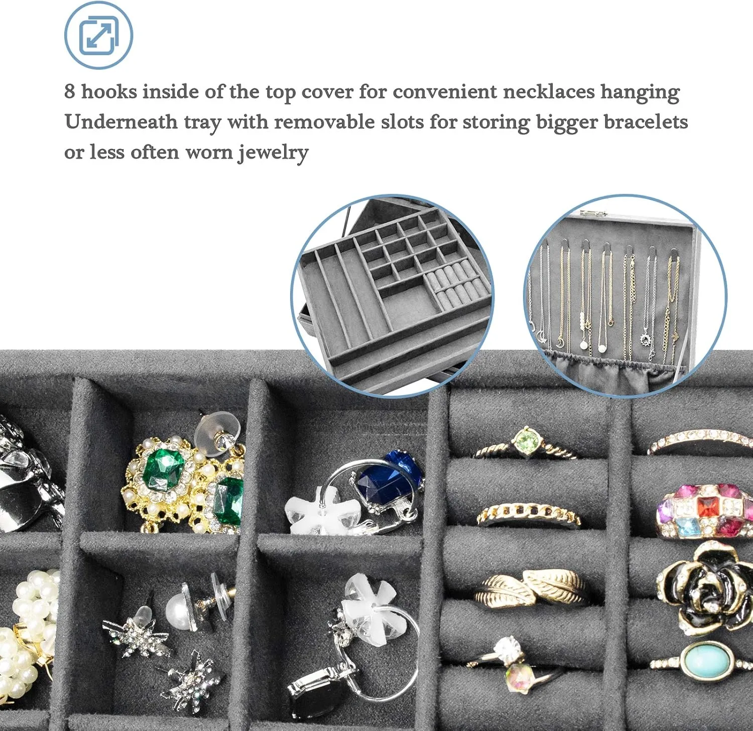 ProCase Velvet Jewelry Box Organizer for Women, 2 Layer Jewelry Display Storage Holder Case for Necklace Earrings Bracelets Rings -Grey
