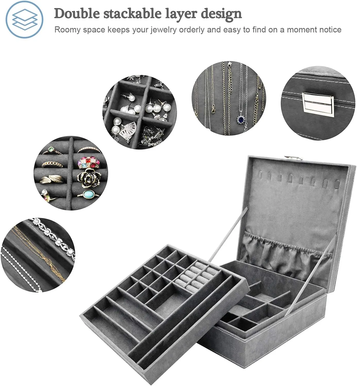 ProCase Velvet Jewelry Box Organizer for Women, 2 Layer Jewelry Display Storage Holder Case for Necklace Earrings Bracelets Rings -Grey