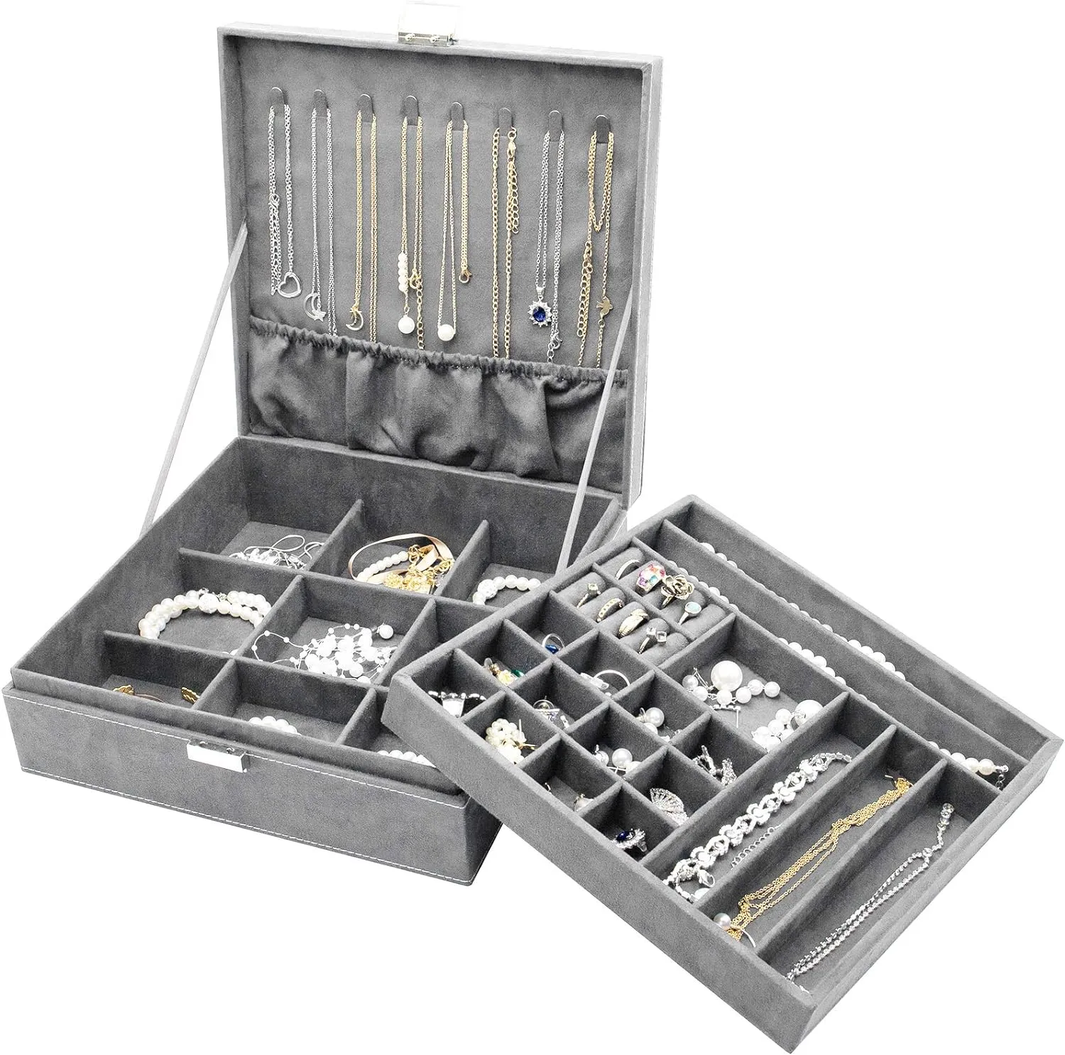 ProCase Velvet Jewelry Box Organizer for Women, 2 Layer Jewelry Display Storage Holder Case for Necklace Earrings Bracelets Rings -Grey