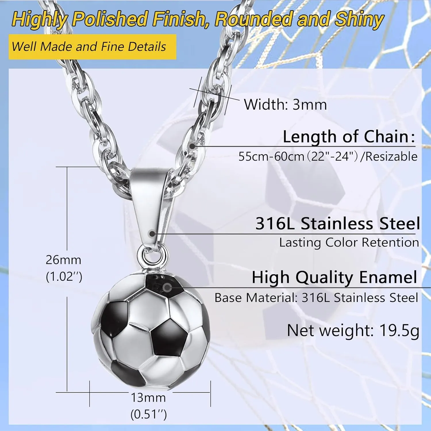 PROSTEEL 316L Stainless Steel 3D Football/Basketball/Volleyball/Baseball/Rugby Ball Cool Necklaces for Men, Sports Players Favors Jewelry, 22inch, Come with Box