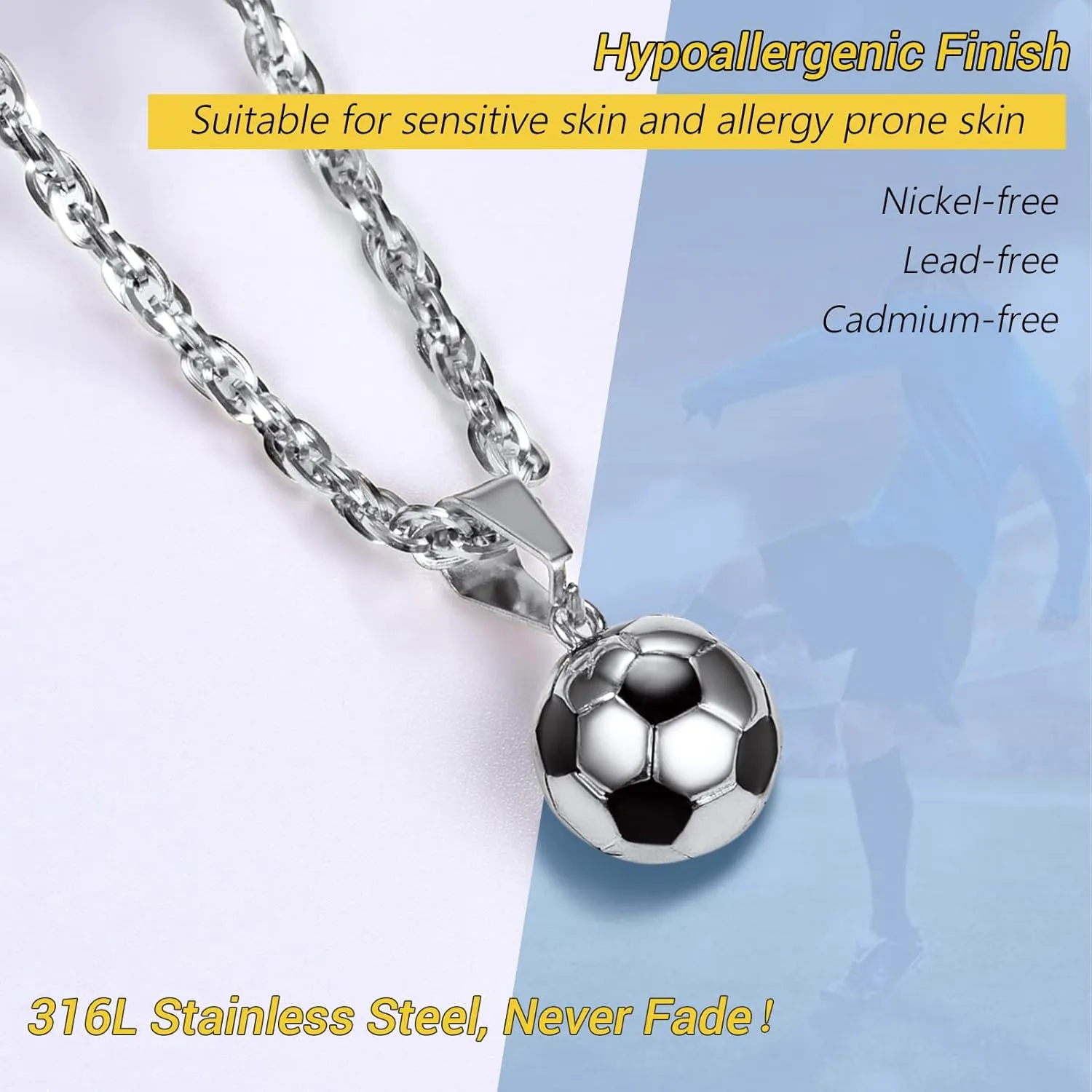 PROSTEEL 316L Stainless Steel 3D Football/Basketball/Volleyball/Baseball/Rugby Ball Cool Necklaces for Men, Sports Players Favors Jewelry, 22inch, Come with Box