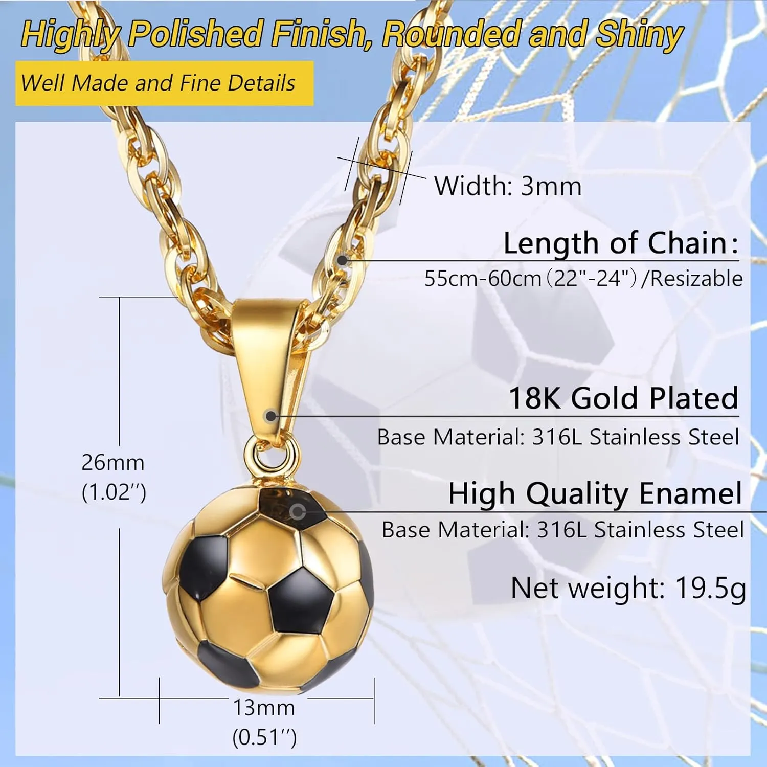 PROSTEEL 316L Stainless Steel 3D Football/Basketball/Volleyball/Baseball/Rugby Ball Cool Necklaces for Men, Sports Players Favors Jewelry, 22inch, Come with Box