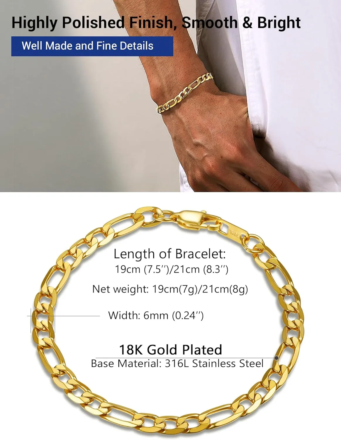 PROSTEEL 316L Stainless Steel Bracelet For Men, Stylish Figaro Chain, W:6mm-13mm, L:7.5"/8.3"/9", Hypoallergenic Jewelry, Black/Gold/Silver Tone, Come with Box