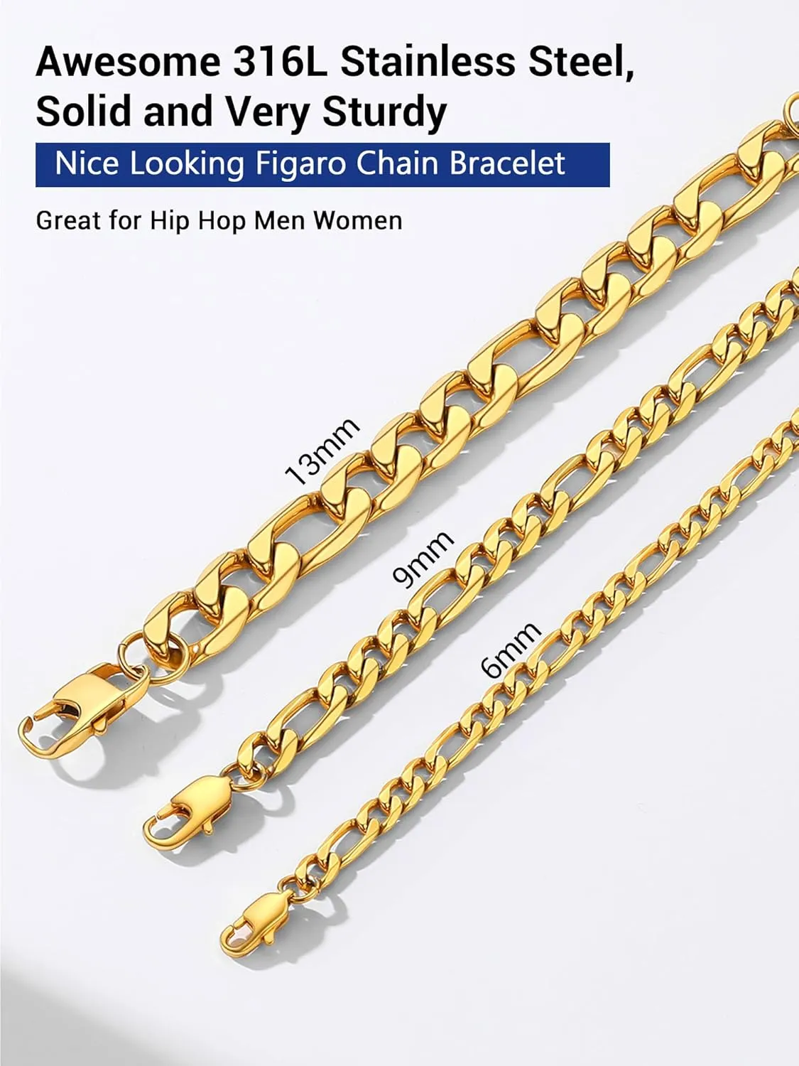 PROSTEEL 316L Stainless Steel Bracelet For Men, Stylish Figaro Chain, W:6mm-13mm, L:7.5"/8.3"/9", Hypoallergenic Jewelry, Black/Gold/Silver Tone, Come with Box