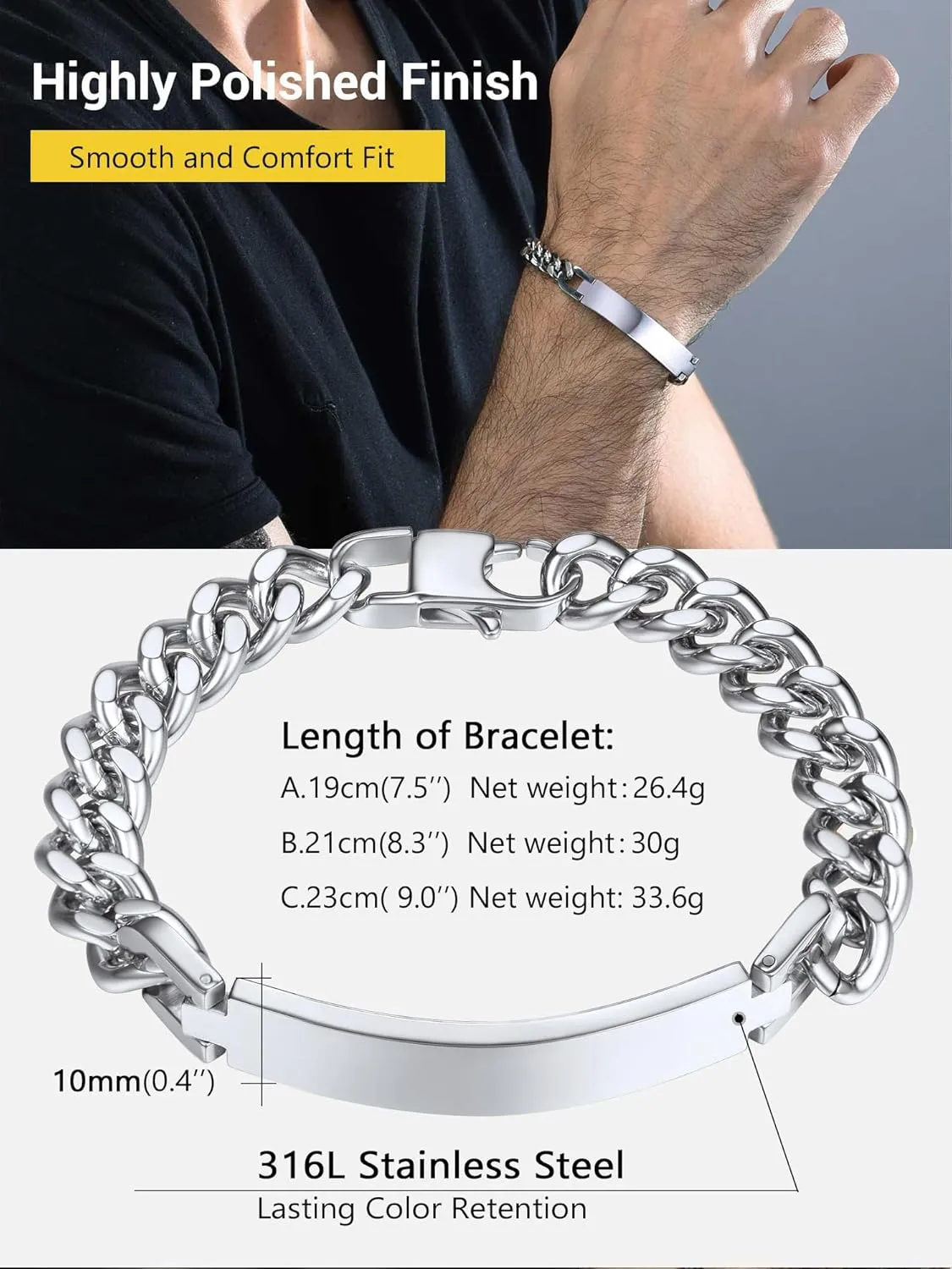 PROSTEEL Custom Bracelets for Men Women, Name Date Initial Quote Engraved Personalized Bracelet, Stainless Steel ID Bracelets, 7.5"/8.3"/9", Come with Box