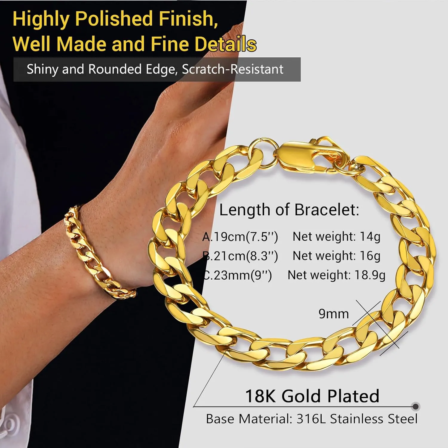 PROSTEEL Mens Cuban Link Bracelet, Black/18K Gold 316L Stainless Steel Cuban Chain Bracelet Hip Hop Jewelry, W: 6mm/9mm/13mm, L: 7.5"/8.3"/9", Come with Box