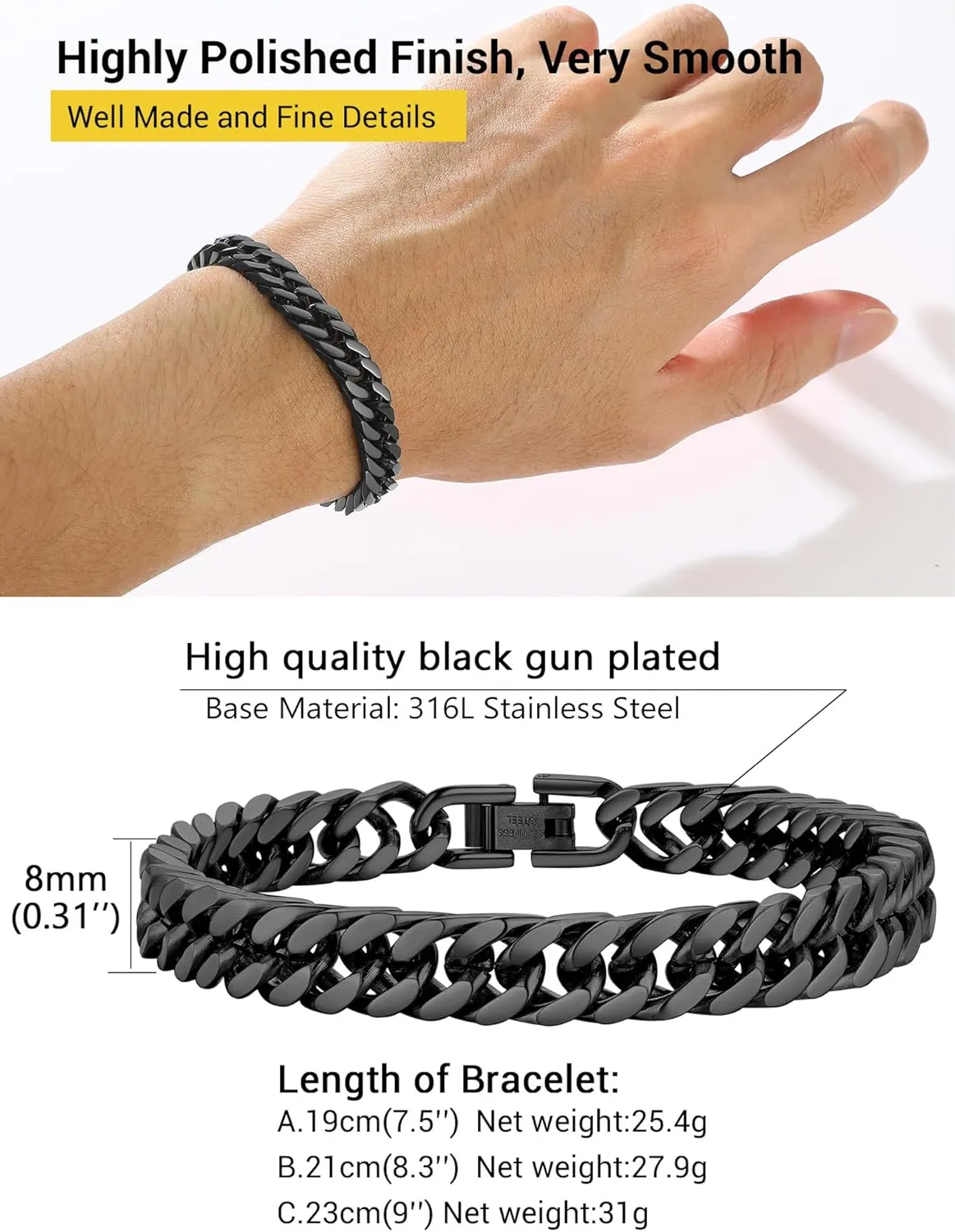 PROSTEEL Stainless Steel Franco Chain Bracelet, Trendy Chunky Bracelets for Men Women, Black/18K Gold Plated, W: 8mm/12mm/17mm, L: 7.5"/8.3"/9", Come Box