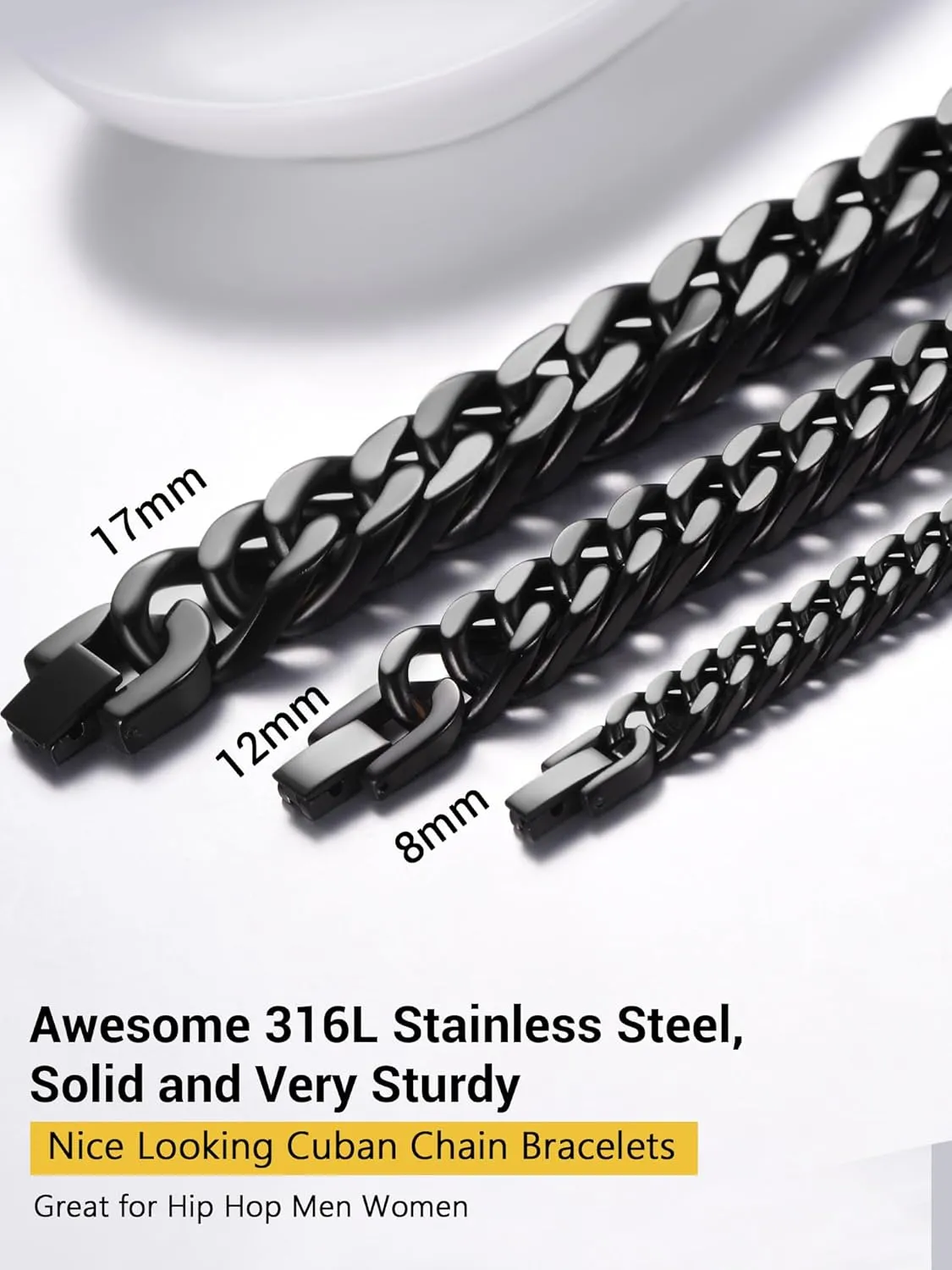 PROSTEEL Stainless Steel Franco Chain Bracelet, Trendy Chunky Bracelets for Men Women, Black/18K Gold Plated, W: 8mm/12mm/17mm, L: 7.5"/8.3"/9", Come Box