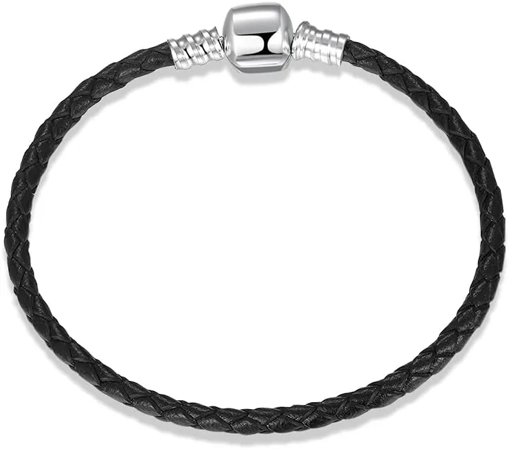 PU Leather Braided Bracelet 925 Sterling Silver Bracelet with Round Clasp Charm Fits for Pandora Charm Jewelry Girls Women Gifts
