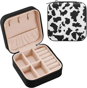 PU Leather Small Jewelry Box Cow Print Travel Portable Jewelry Organizer Case Storage Gift for Women Girls Ring, Pendant, Earring, Necklace, Bracelet