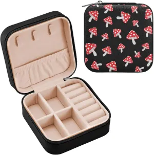 PU Leather Small Jewelry Box Mushroom Print Travel Portable Jewelry Organizer Case Storage Gift for Women Girls Ring, Pendant, Earring, Necklace, Bracelet