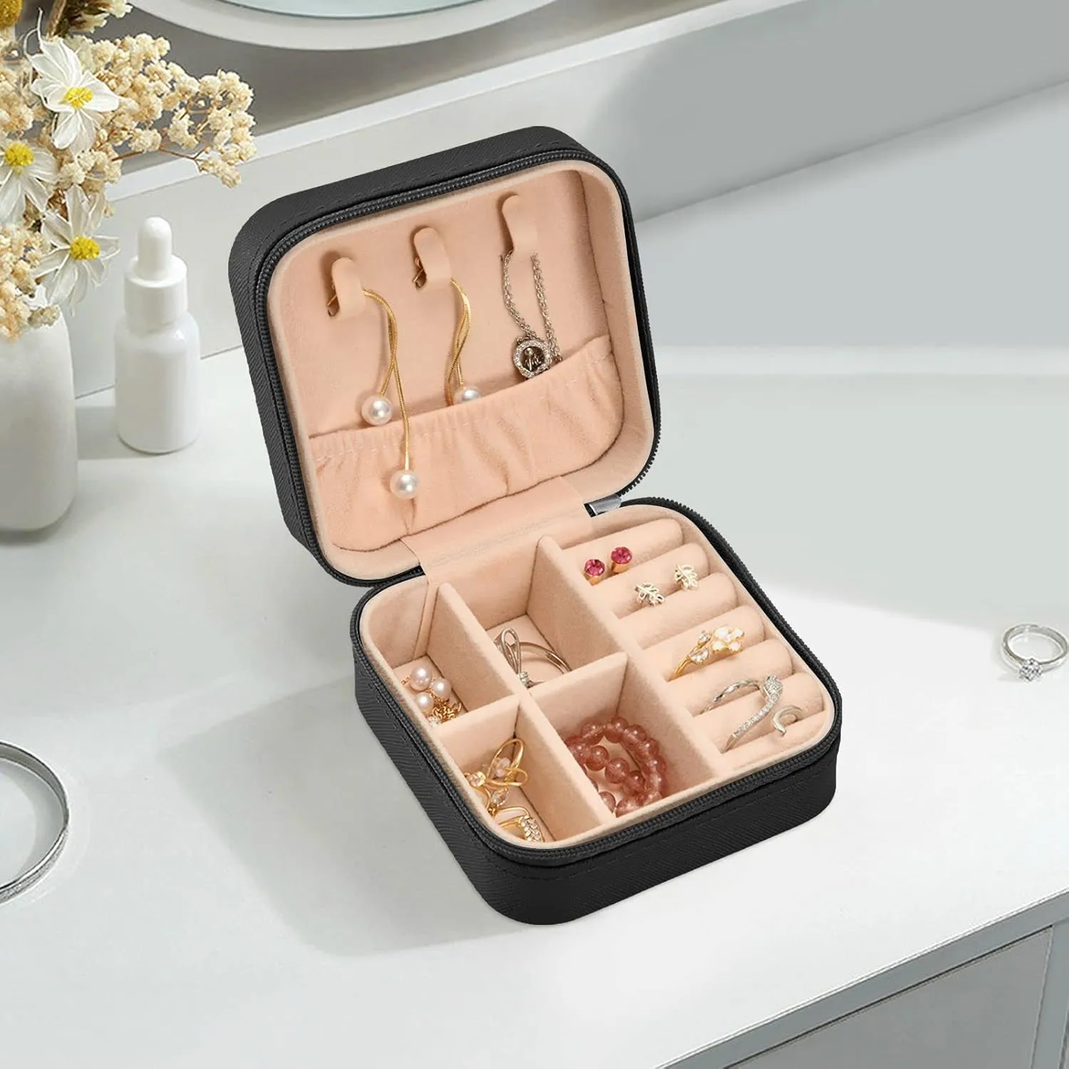 PU Leather Small Jewelry Box Pink Cow Print Travel Portable Jewelry Organizer Case Storage Gift for Women Girls Ring, Pendant, Earring, Necklace, Bracelet