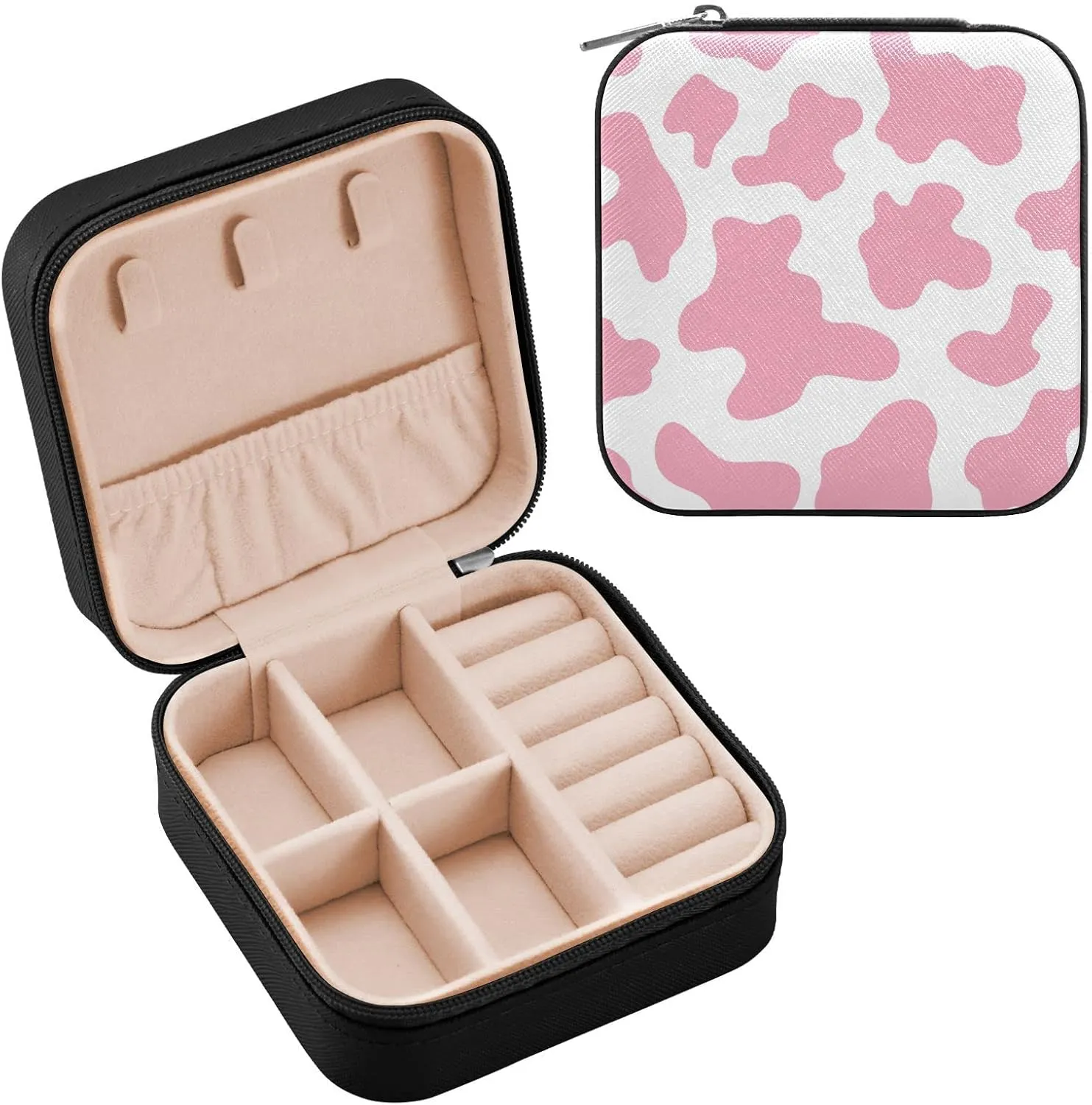 PU Leather Small Jewelry Box Pink Cow Print Travel Portable Jewelry Organizer Case Storage Gift for Women Girls Ring, Pendant, Earring, Necklace, Bracelet
