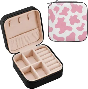 PU Leather Small Jewelry Box Pink Cow Print Travel Portable Jewelry Organizer Case Storage Gift for Women Girls Ring, Pendant, Earring, Necklace, Bracelet