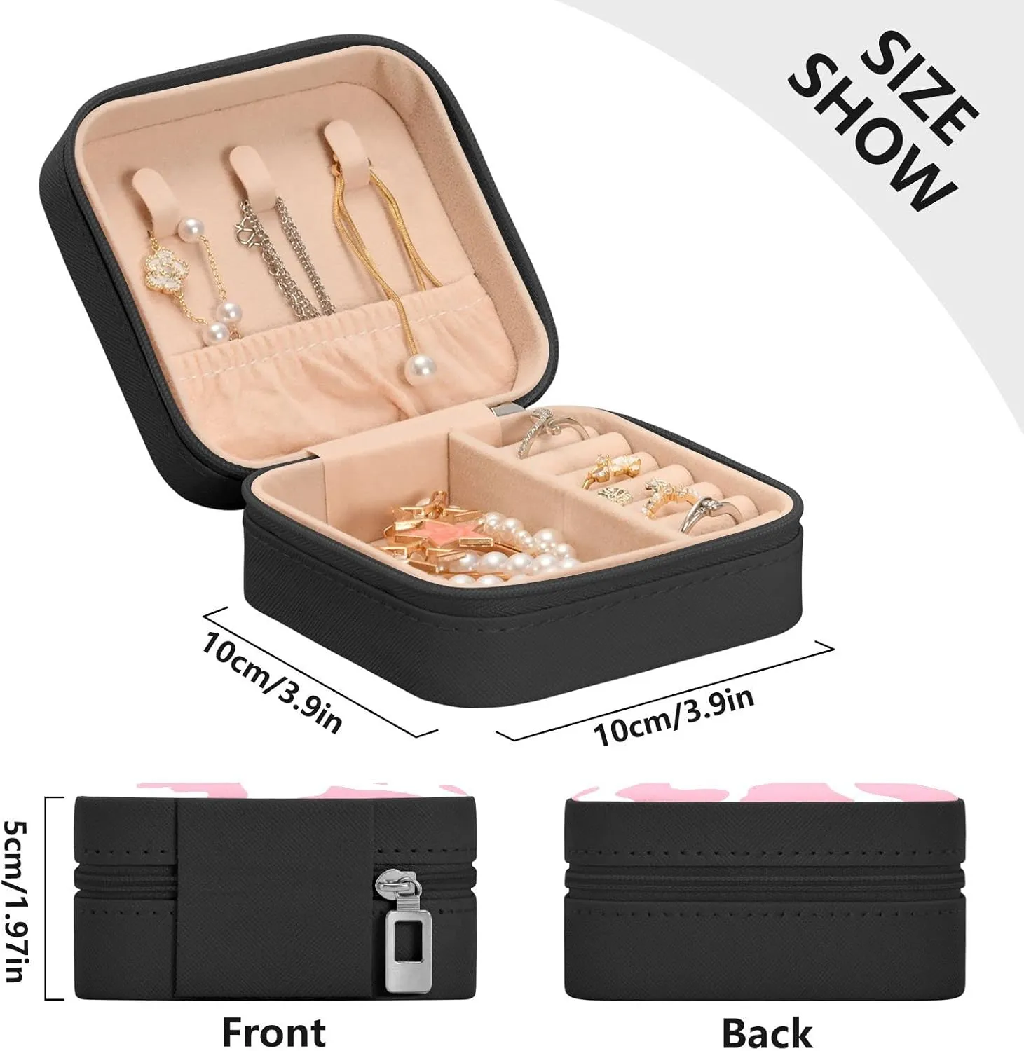 PU Leather Small Jewelry Box Pink Cow Print Travel Portable Jewelry Organizer Case Storage Gift for Women Girls Ring, Pendant, Earring, Necklace, Bracelet