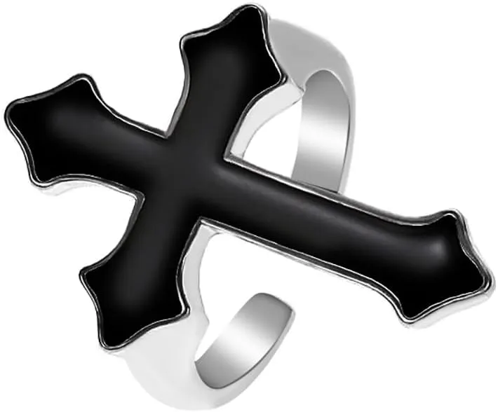 Punk Black Cross Faith Statement Open Ring for Women Men Unisex Expandable Enamel Prayer Blessed Adjustable Finger Rings Band Vintage Gothic Jewelry Gifts Engagement