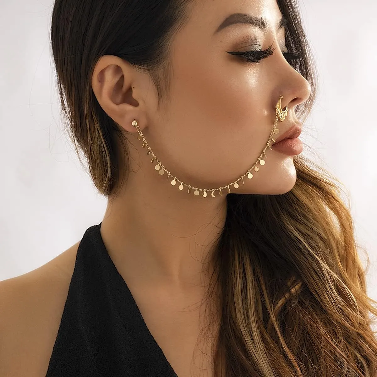 Punk Nose to Ear Chain Non Piercing Fake Septum Rings Indian Belly Dance Nose Nail Ring Hoops for Women