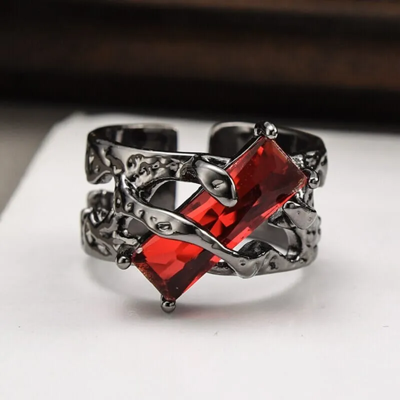 Punk Thorn Ruby Ring Black Resizable Ring