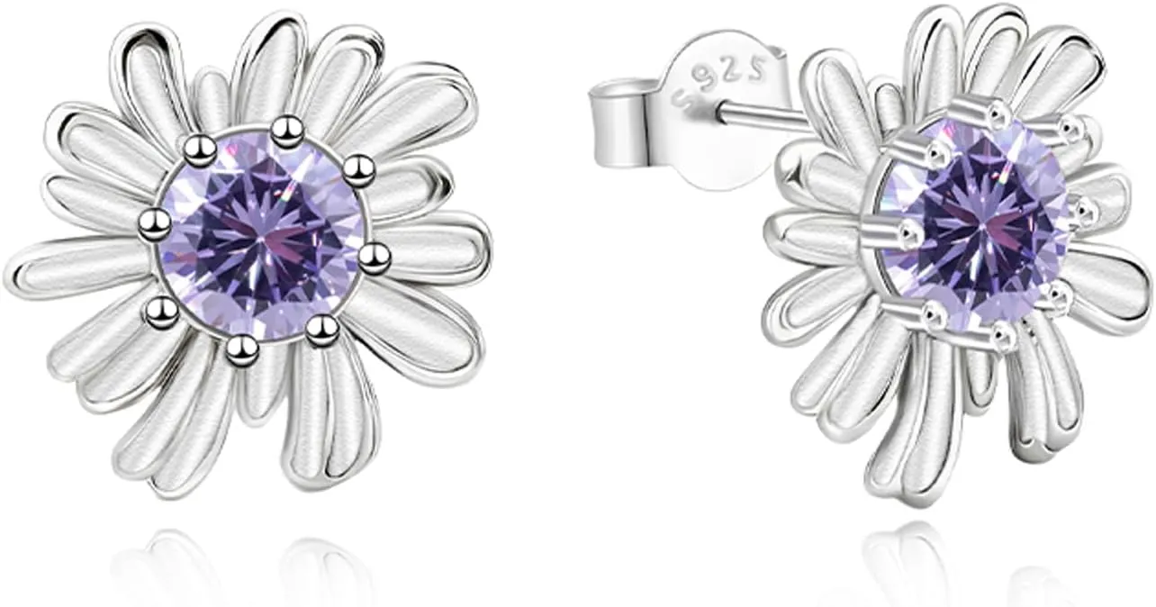 Purple Flower Earrings for Women Sterling Silver Purple CZ Daisy Flower Stud Earrings Sparkling Amethyst Irregular Flower Earrings Dainty Post Jewelry Gifts for Daughter Mom Birthday