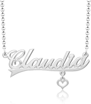 Q&Locket 925 Sterling Silver Classic Personalized Custom Name Necklace Script Initial Nameplate Necklaces Gifts for Womens CLAUDIA heart