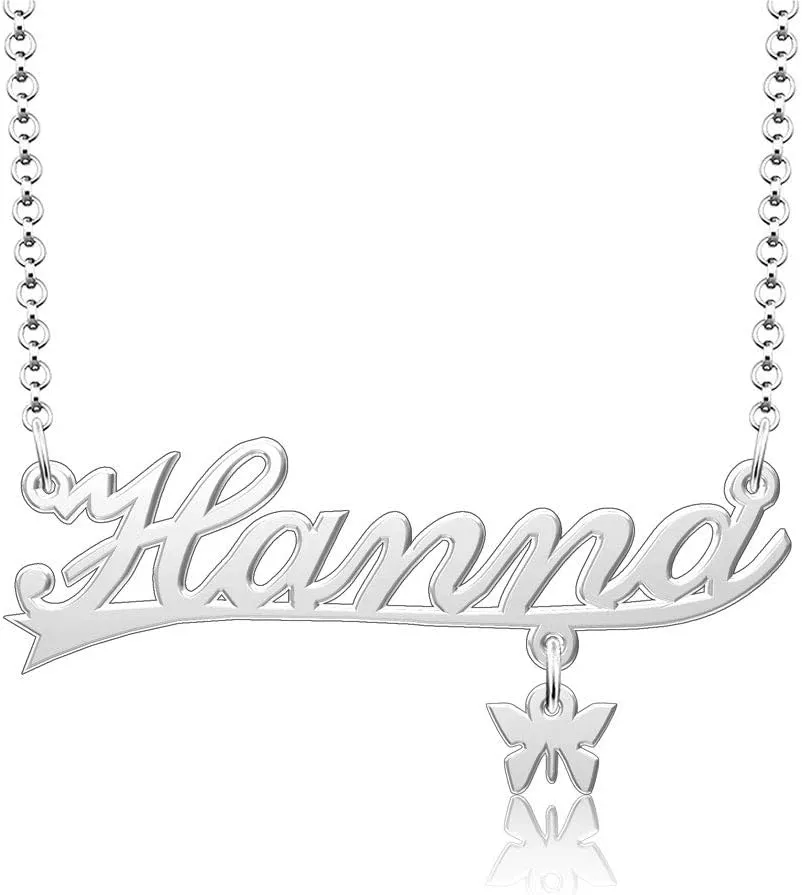 Q&Locket 925 Sterling Silver Classic Personalized Custom Name Necklace Script Initial Nameplate Necklaces Gifts for Womens HANNA butterfly