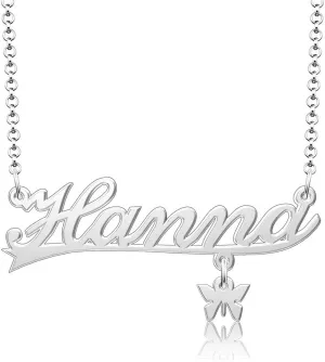 Q&Locket 925 Sterling Silver Classic Personalized Custom Name Necklace Script Initial Nameplate Necklaces Gifts for Womens HANNA butterfly