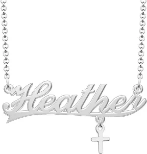 Q&Locket 925 Sterling Silver Classic Personalized Custom Name Necklace Script Initial Nameplate Necklaces Gifts for Womens HEATHER cross