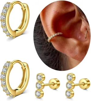 QWALIT Gold Earrings for Women Flat Back Hypoallergenic Screw Back Cartilage Earrings for Women Surgical Steel Small Hoop Earring Gold Plated Helix Jewelry Second Hole Earring Set