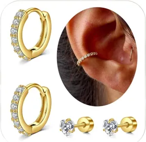 QWALIT Gold Earrings for Women Flat Back Hypoallergenic Screw Back Cartilage Earrings for Women Surgical Steel Small Hoop Earring Gold Plated Helix Jewelry Second Hole Earring Set